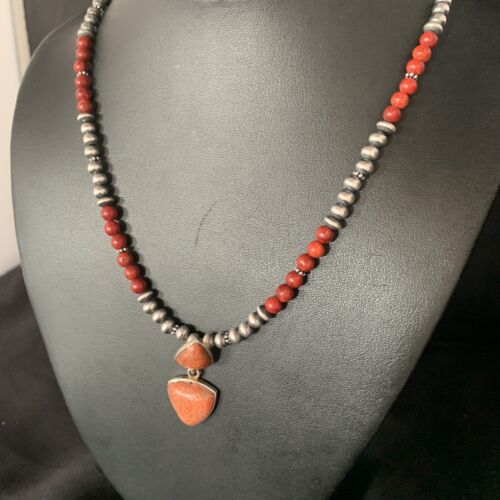 Navajo Red Apple Coral and Multi-Stone Bead Necklace | Sterling Silver | Authentic Native American Handmade | 13414