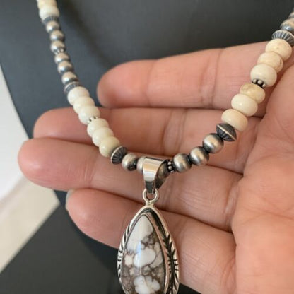 Navajo Pearls Wild Horse Turquoise Howlite Necklace Pendant | Sterling Silver | Authentic Native American Handmade | 1913