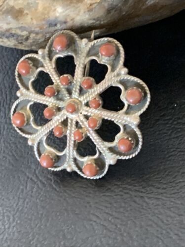 Old Pawn Zuni Sterling Silver Turquoise Red Coral Brooch Pin | 1.25" | 12558