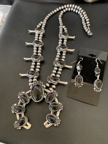 Navajo Pearls Black Onyx Squash Blossom Necklace | Sterling Silver | Authentic Native American Handmade | 12724