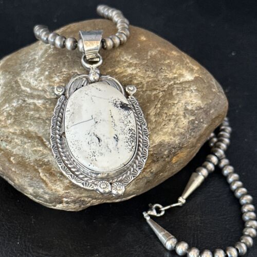 Navajo White Buffalo Turquoise Pendant Necklace | Sterling Silver | Authentic Native American Handmade | 14244
