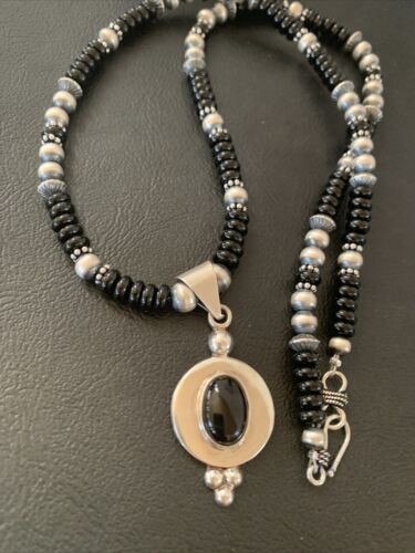 Navajo Pearls Black Onyx Bead Necklace | Sterling Silver | Authentic Native American Handmade | 2085