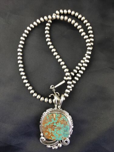Navajo Blue #8 Turquoise Pendant Necklace Set | Sterling Silver | 2.25" | Authentic Native American Handmade | 10159