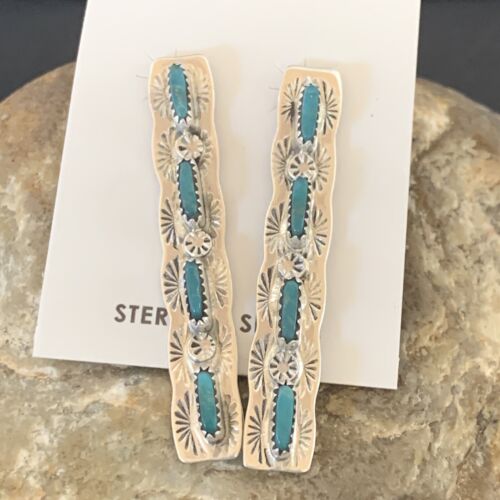 Turquoise Navajo Sterling Dangle Earrings | Handmade | 2" Long | 12121