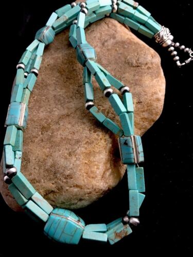 Navajo Blue Turquoise Sterling Silver Necklace | Inlay Pendant 24" | Native American Southwestern | 3360