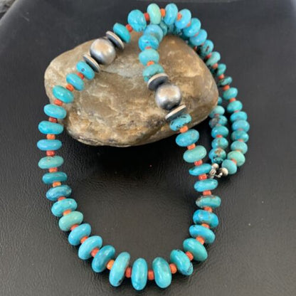 Navajo Natural Turquoise and Spiny Oyster Necklace | Sterling Silver | 25" | Authentic Native American Handmade | 13235