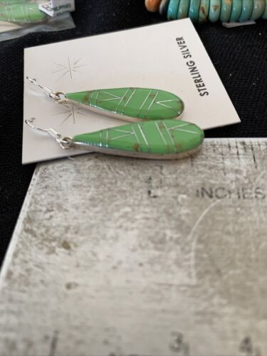 Southwestern Navajo Green Gaspeite Inlay Earrings | Sterling Silver | 1.5" | 977