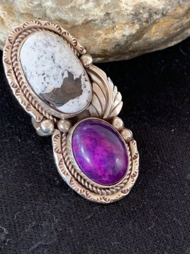 Navajo White Buffalo Turquoise & Sugilite Ring | Authentic Native American Sterling Silver | Multi-Stone | Sz 9.5 | 00309