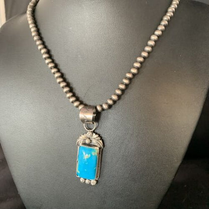 Men's Blue Kingman Turquoise Necklace Pendant | Sterling Silver Navajo Pearls | 13762