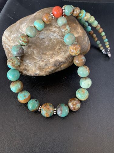 Navajo Green Turquoise & Apple Coral Graduated Necklace | Sterling Silver | Authentic Native American | 18" | 13206