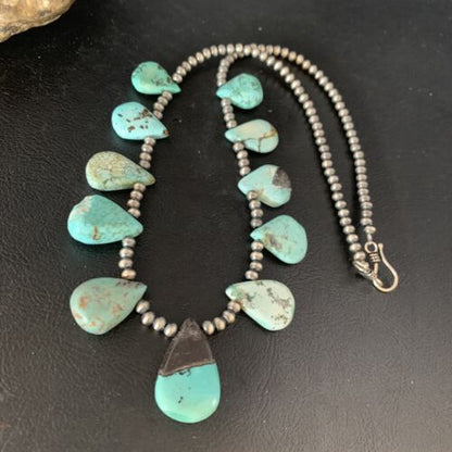 Navajo Pearls Blue Turquoise Teardrop Necklace | Sterling Silver | 20" | Authentic Native American Handmade | 13429