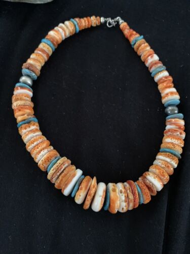 Authentic Native American Necklace | Orange Spiny Oyster & Turquoise | Navajo Pearls Sterling Silver | 20"