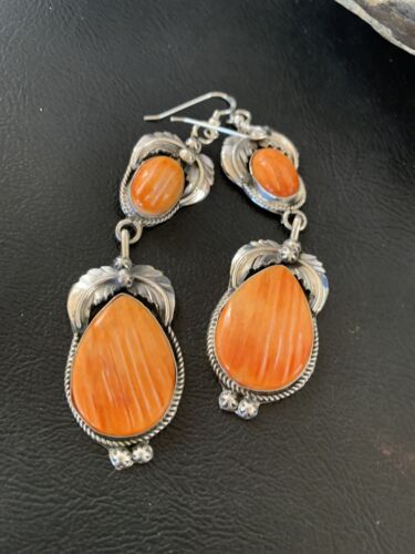 Navajo Orange Spiny Oyster Dangle Earrings | Sterling Silver | Authentic Native American Handmade | 12201