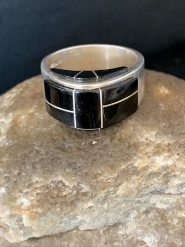 Navajo Black Onyx Inlay Band Ring | Sz 9 | Authentic Native American Handmade | 14165