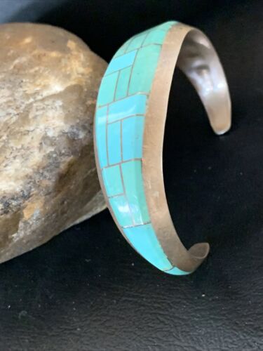 Native American Men's Bracelet | Sterling Silver Blue Kingman Turquoise Inlay | 12099