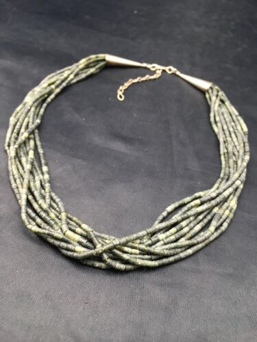 Southwestern Green Agate Heishi 10 Strand Necklace | Sterling Silver | 16" | 4351
