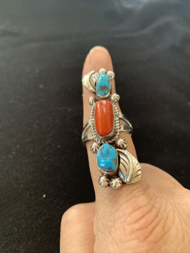 Navajo Kingman Turquoise & Coral Ring | Authentic Native American Sterling Silver | Multi-Stone | Sz 9 | 1294