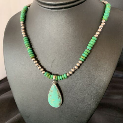 Navajo Pearls Green Turquoise Pendant Necklace | Sterling Silver Beads | Authentic Native American Handmade | 13308