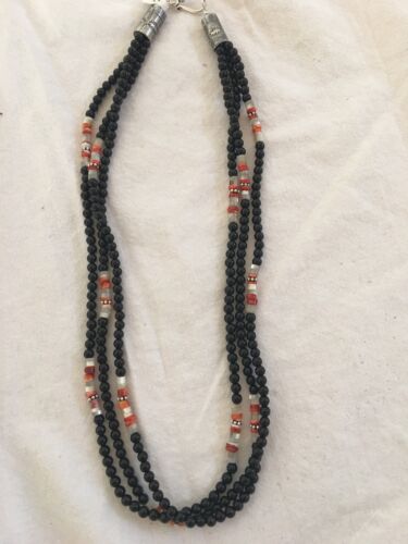 Navajo Native American | Turquoise Spiny Oyster Onyx | 3 Strand Sterling Silver Necklace | 21"