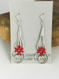 Native American Red Coral Heishi Tube Dangle Earrings | Sterling Silver | 2" | 8877