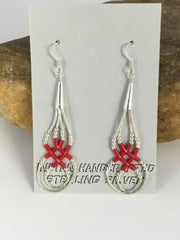 Native American Red Coral Heishi Tube Dangle Earrings | Sterling Silver | 2" | 8877