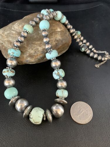 Dry Creek Turquoise Navajo Pearls Beaded Necklace | Sterling Silver | 21" | Authentic Native American Handmade | 14102 - Masha USA