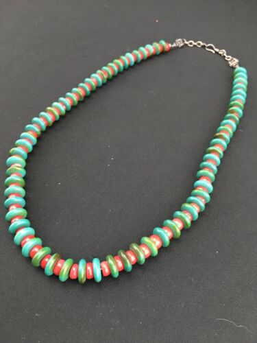 Native American Men's Turquoise & Coral Bead Necklace | Navajo Sterling Silver | 22" | 3712