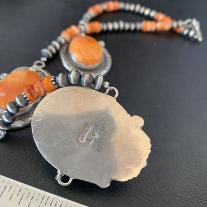 Navajo Pearls Orange Spiny Oyster Necklace Pendant | Sterling Silver | Authentic Native American Handmade | 10818