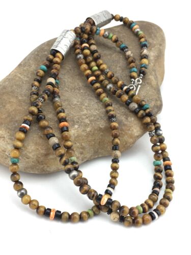 Navajo Sterling Necklace | Tiger's Eye & Turquoise | Multi-Color 3 Strand | 18" | 4892