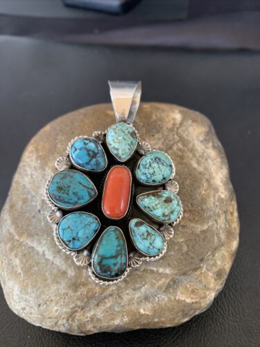 Navajo Cluster Coral Spiderweb Turquoise Pendant | Sterling Silver | Authentic Native American Handmade | 2227