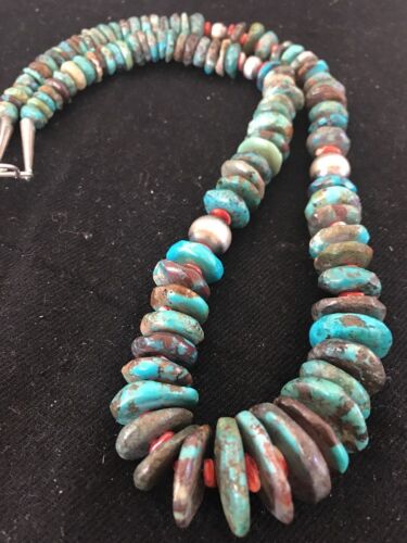 Navajo Blue Turquoise & Spiny Oyster Necklace | Sterling Silver | Authentic Native American | 24" | 202