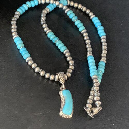 Navajo Blue Turquoise Pendant Necklace | Sterling Silver | Authentic Native American Handmade | 13826