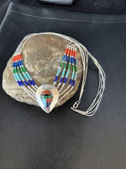 Multi-Color Liquid Silver Heishi 5-Strand Necklace | Sterling Silver Pendant | Native American Handmade | 14824