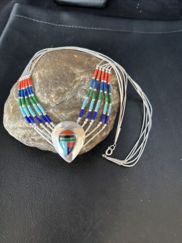Multi-Color Liquid Silver Heishi 5-Strand Necklace | Sterling Silver Pendant | Native American Handmade | 14824