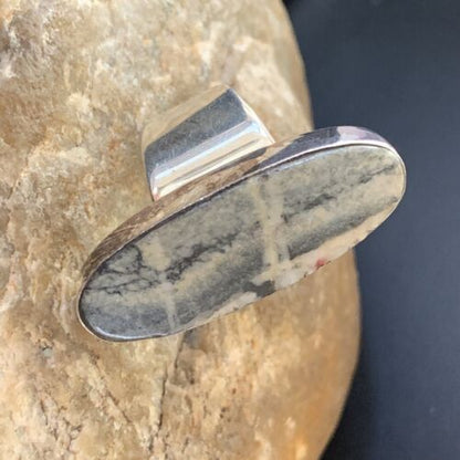 Southwestern Navajo Cinnabrite Ring | White Black | Sterling Silver | Sz 7.5 | 01564