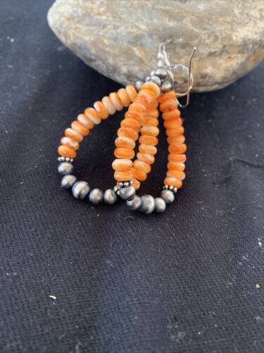 Southwestern Sterling Silver Navajo Pearl Spiny Oyster Bead Earrings | 2" | Authentic Native American Handmade | 854