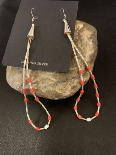 XL Coral Heishi Beads Earrings | Sterling Silver Navajo Pearls | 4" | Authentic Native American Handmade | 13033