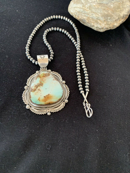 Navajo Pearls Necklace with Blue Royston Turquoise Pendant | Sterling Silver | Authentic Native American Handmade | 336