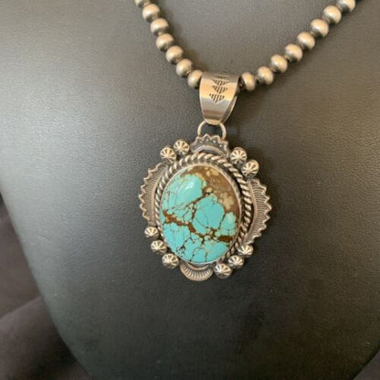 Men's Navajo Pearls Necklace | Sterling Silver | Blue #8 Turquoise Pendant | Authentic Native American Handmade | 10865