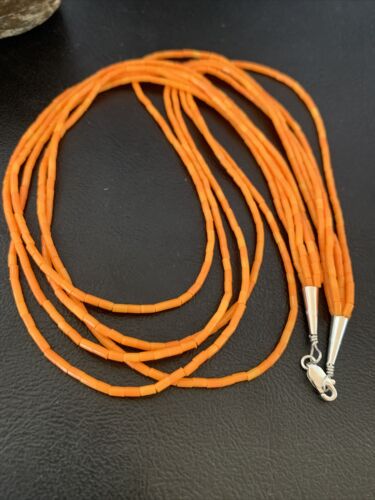 Navajo Orange Coral Heishi Necklace | 5 Strand | Stabilized Sterling | 20" | 02211