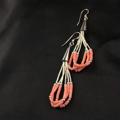 Native American Liquid Silver Heishi Dangle Earrings | Pink Coral | Sterling Silver | 2" | 2029