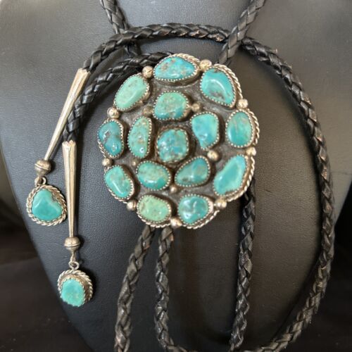 Men's Bolo Tie | Cluster Blue Kingman Turquoise | Sterling Silver | Navajo | Authentic Native American Handmade | 14524