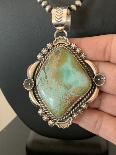 Men's Navajo Pearls Necklace with Royston Turquoise Pendant | Sterling Silver | Native American Handmade | 522