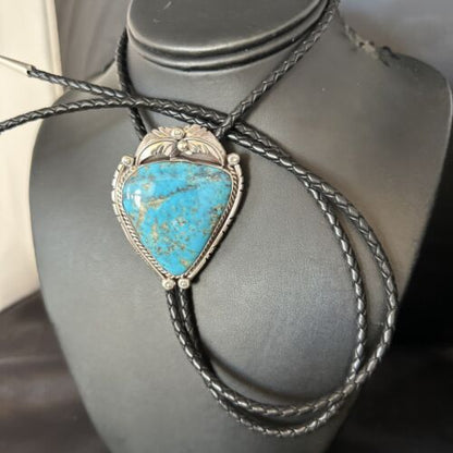 Navajo Blue Kingman Turquoise Bolo Tie | Sterling Silver | Authentic Native American Handmade | 14254