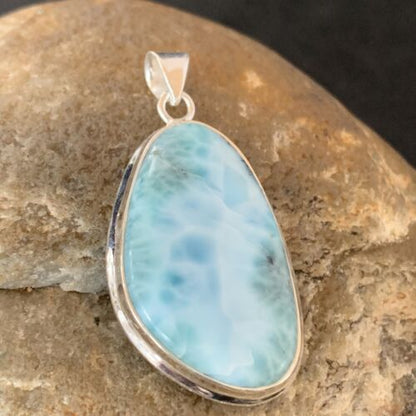 Navajo Sterling Silver Beads Necklace | Blue Larimar Pendant | Authentic Native American Handmade | 10675