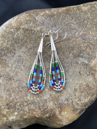 Handmade Liquid Silver Heishi Dangle Earrings | Turquoise Coral | Sterling Silver | 2" | 2009
