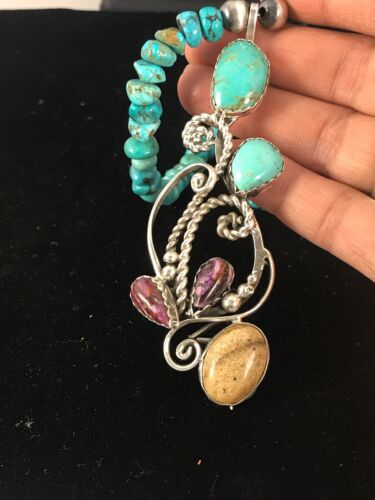 Navajo Blue Turquoise & Spiny Oyster Multi-Stone Pendant Necklace | Authentic Native American Sterling Silver | 8487 - Masha USA