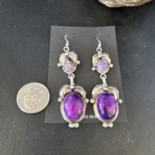 Navajo Purple Sugilite Dangle Earrings | Sterling Silver | 2" | Authentic Native American Handmade | 14402