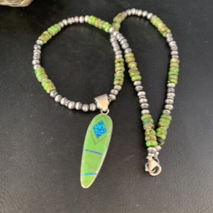 Navajo Green Turquoise Gaspeite Inlay Necklace | Sterling Silver | Authentic Native American Handmade | 13810