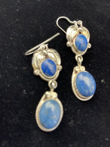 Native American Navajo Denim Lapis Dangle Earrings | Sterling Silver | 2" | 1792